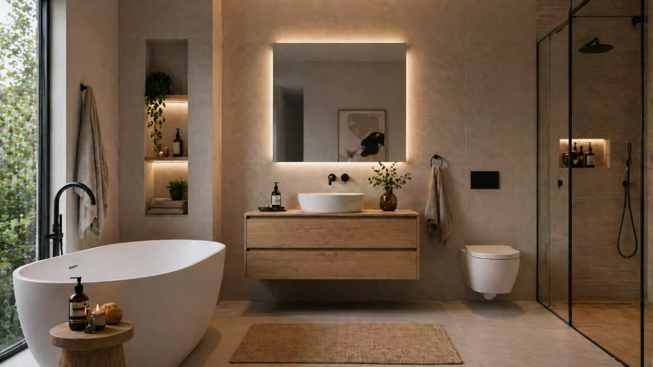 Accesorios de baño modernos con lavabo exento y grifería mate