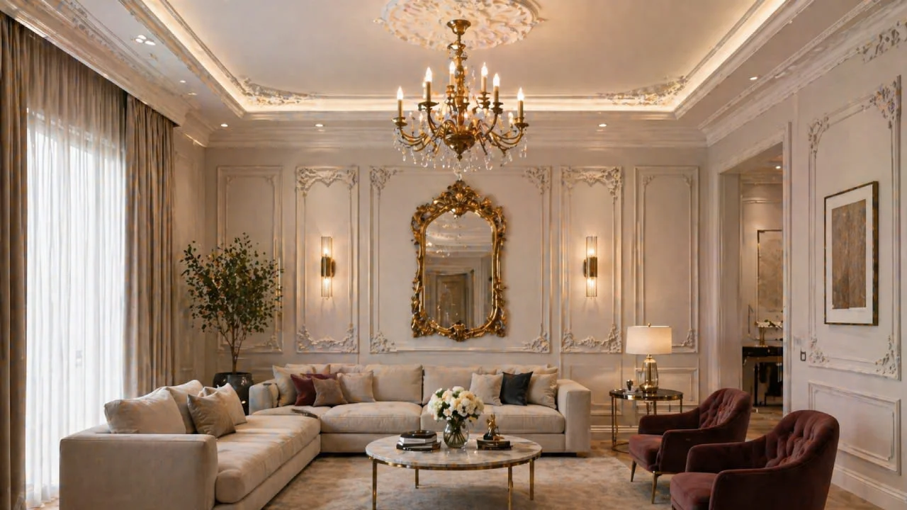 Interior moderno con detalles barrocos, espejo dorado y molduras elegantes