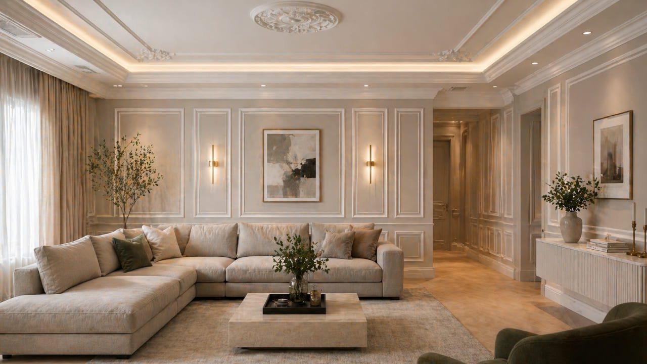 Cenefas decorativas en pared y techo de una sala elegante