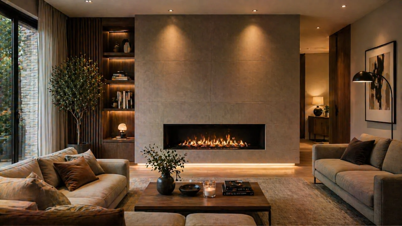 Chimenea moderna integrada en pared de salón elegante