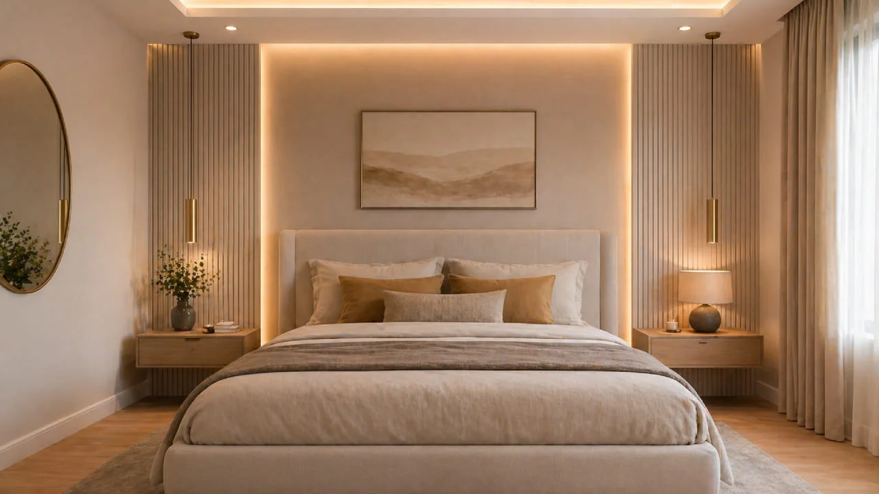 Dormitorio con pared de acento decorada detrás de la cama