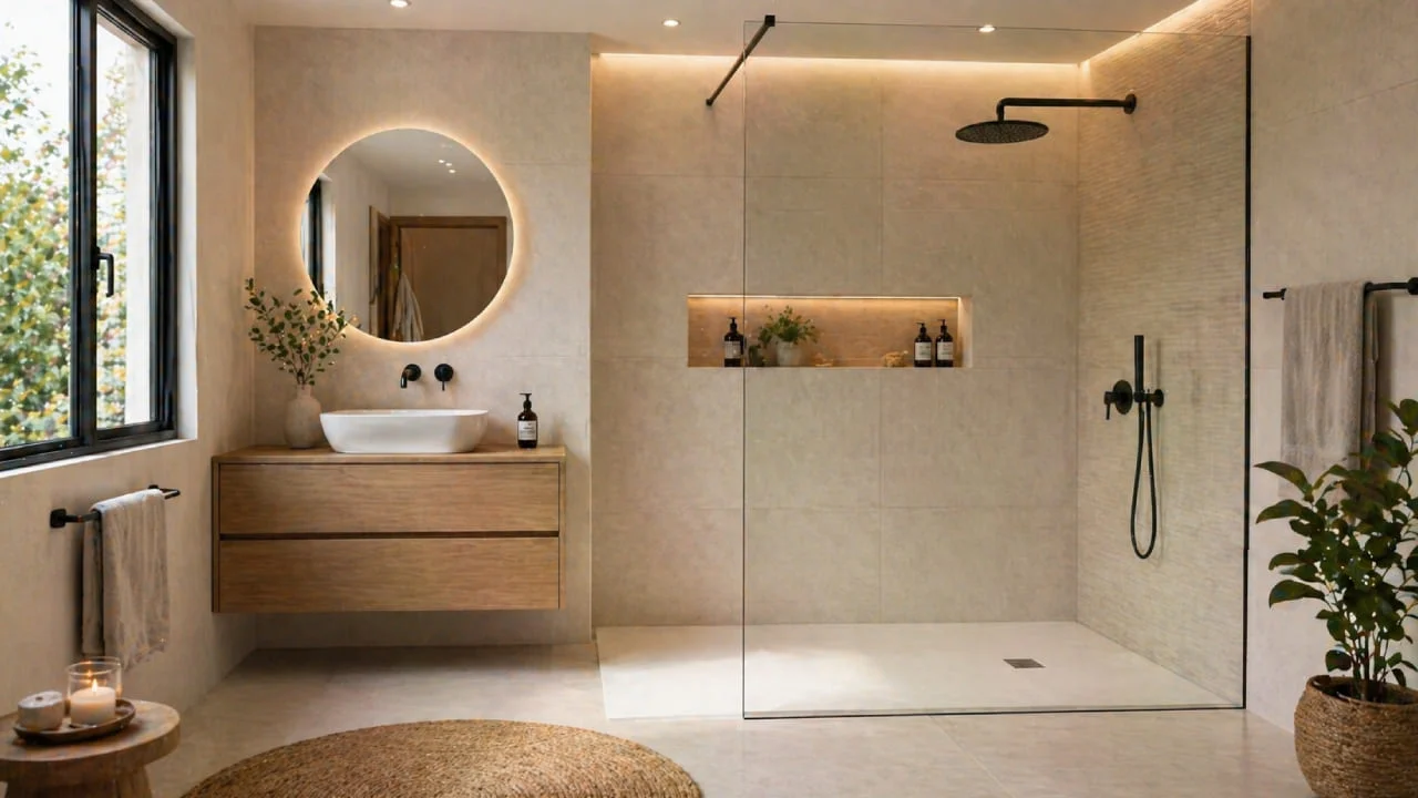 Mampara walk-in en baño moderno con ducha amplia