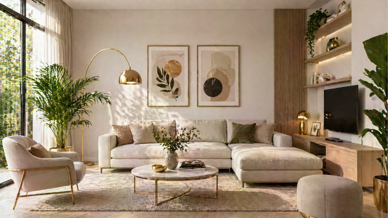 Salón moderno con plantas decorativas, acentos metálicos y tonos naturales