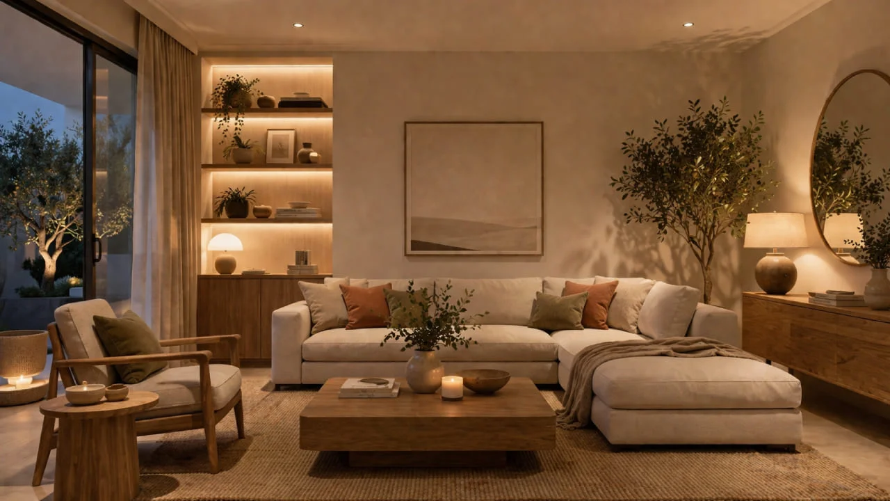 Salón con luz cálida que realza los colores y texturas