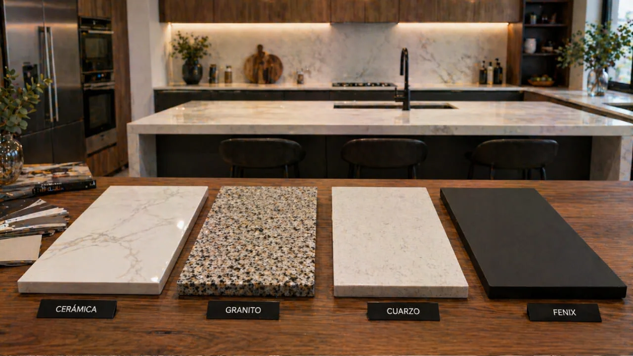 Encimera de cocina adecuada con muestras de cerámica, granito, cuarzo y Fenix