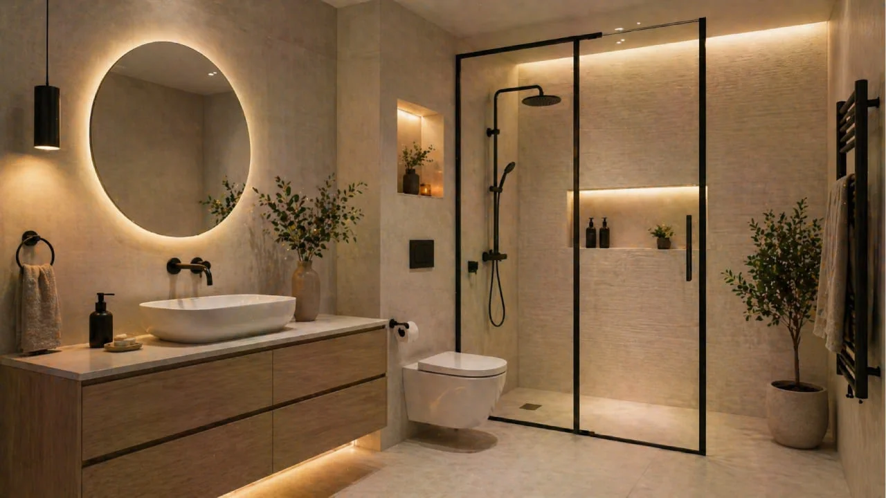 Baño moderno con accesorios en negro mate y revestimientos elegantes