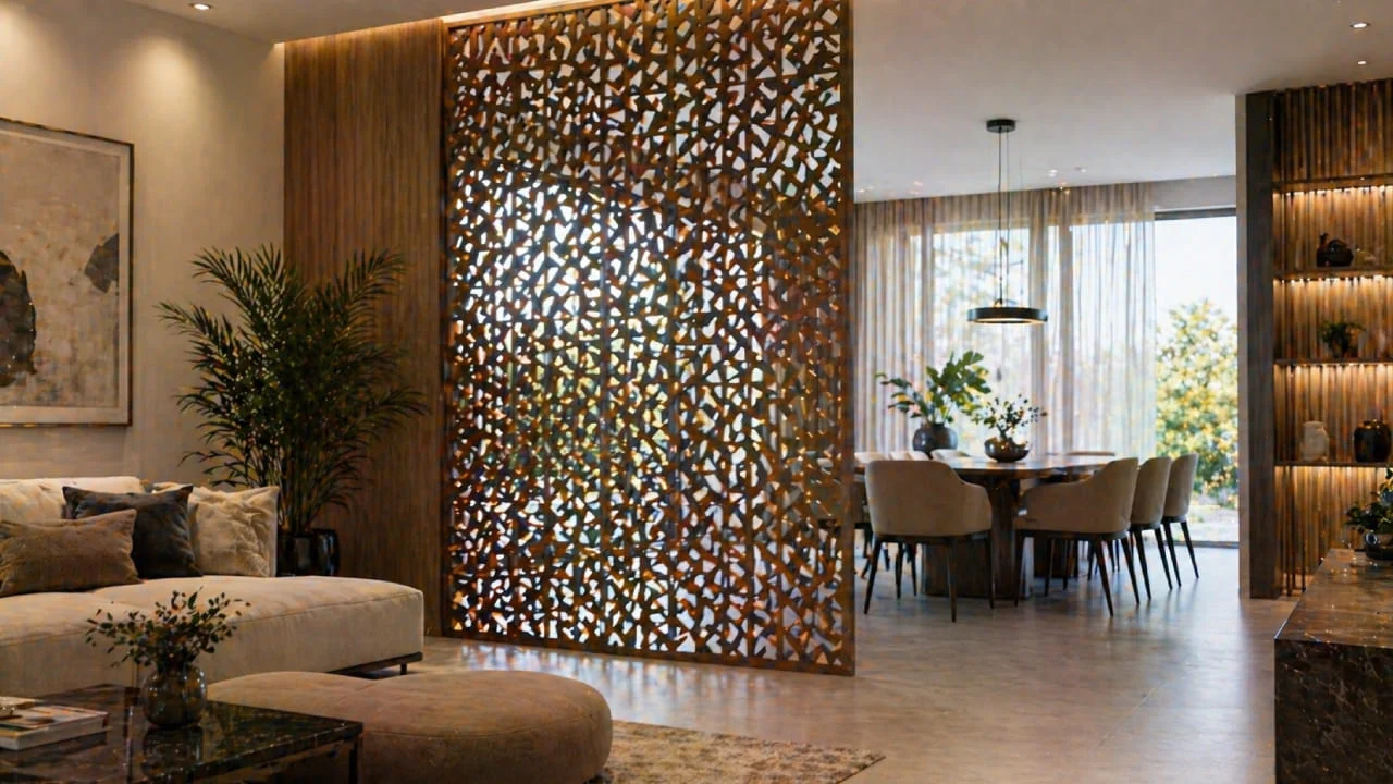 Panel decorativo perforado separando ambientes sin bloquear la luz
