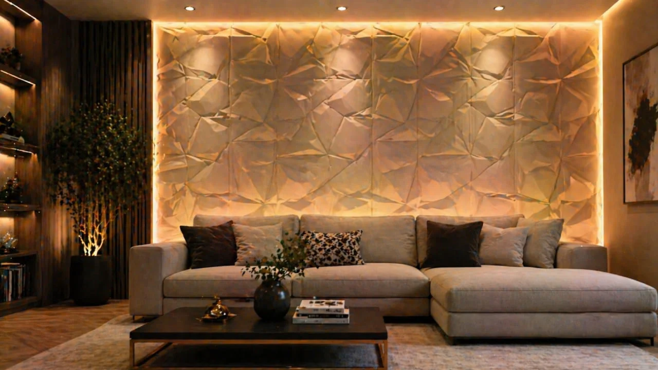 Paneles decorativos 3D con iluminación LED en pared moderna