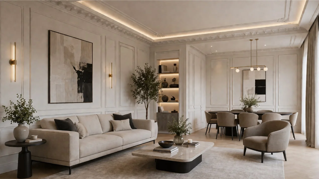 Perfiles decorativos clásicos combinados con muebles modernos en tonos neutros