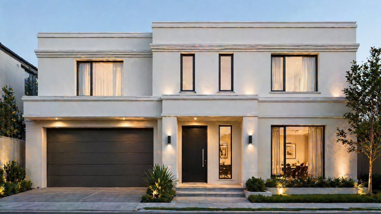 Fachada moderna con perfiles decorativos exteriores sencillos
