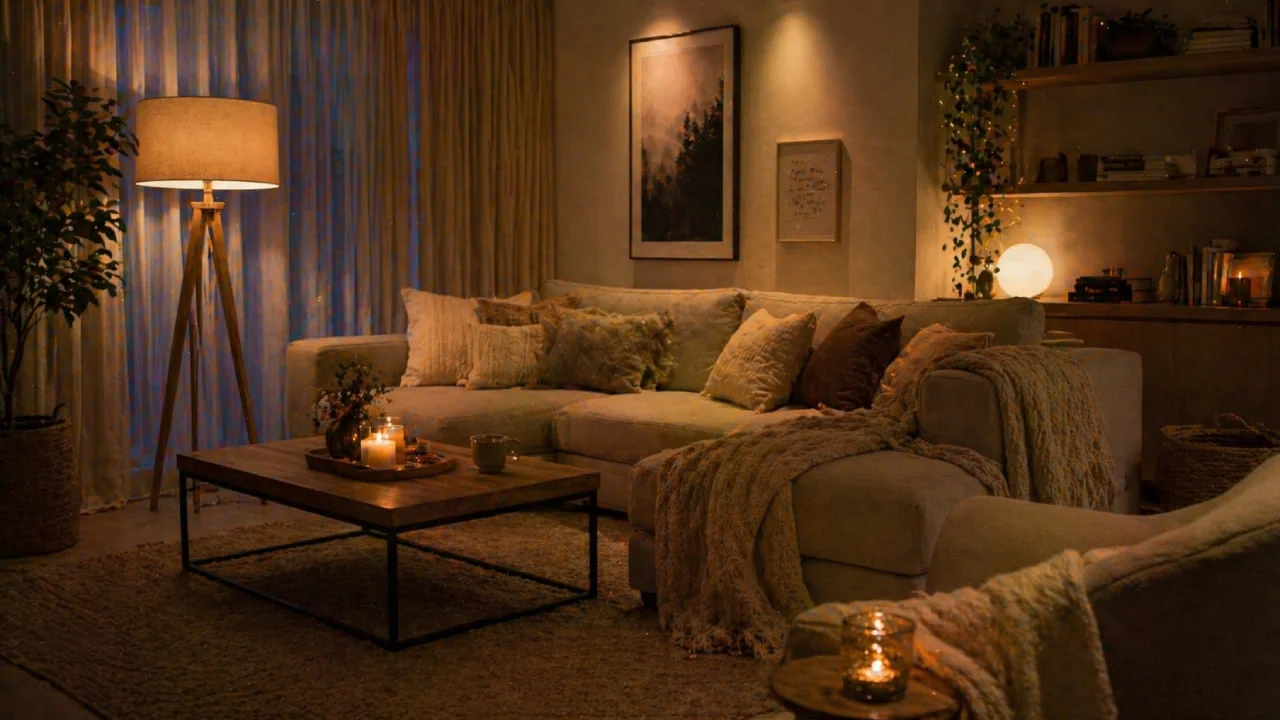Salón acogedor con iluminación cálida y lámparas regulables