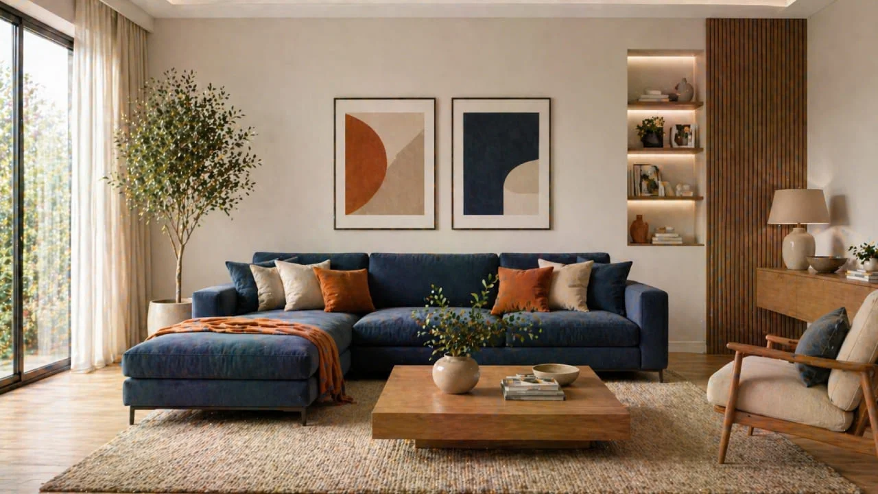 Salón con sofá de color como acento decorativo elegante