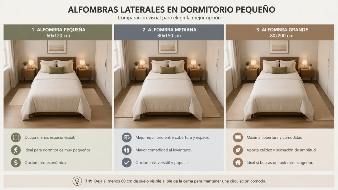 Dos alfombras pequeñas colocadas a los lados de la cama en dormitorio pequeño