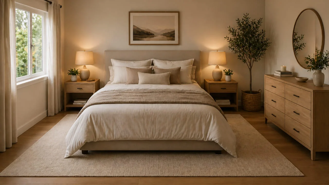 Alfombra grande colocada bajo la cama en un dormitorio acogedor