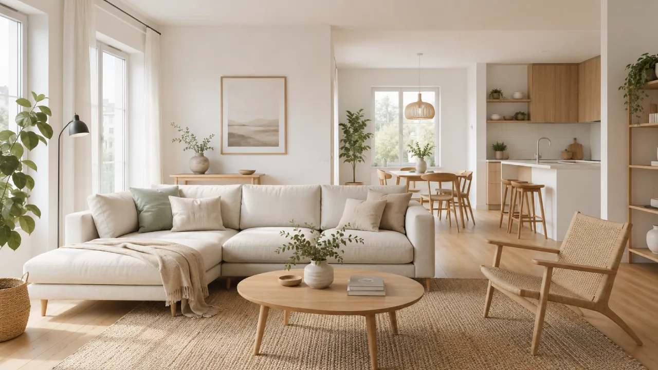 Apartamento de 3 habitaciones en estilo escandinavo con salón luminoso y madera clara