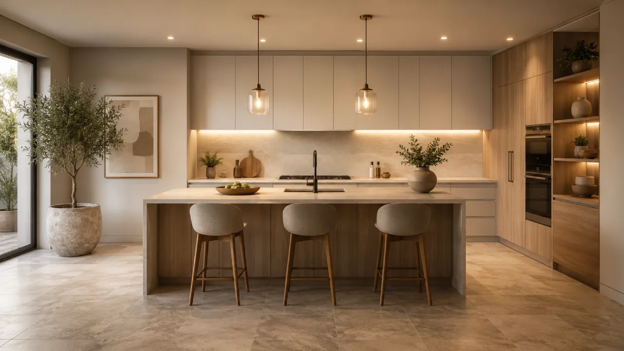 Cocina moderna con suelo de baldosas cerámicas esmaltadas efecto piedra