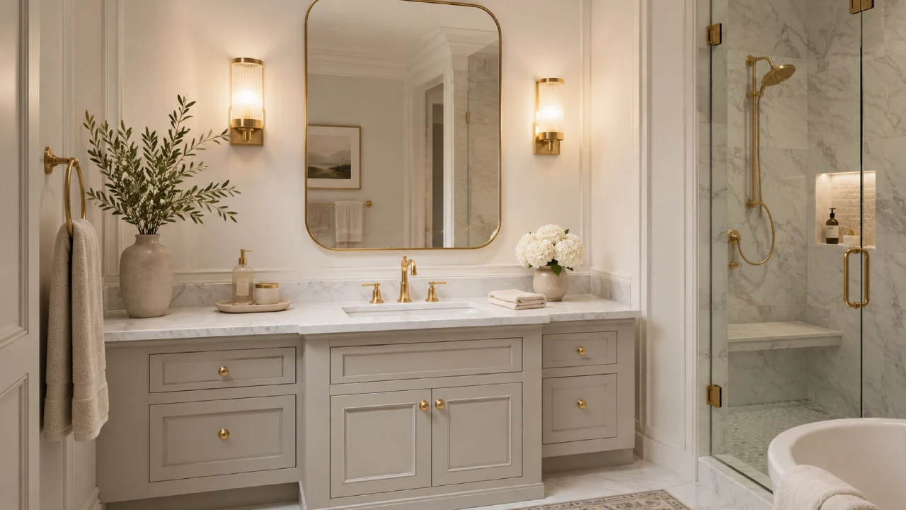Baño clásico contemporáneo con lavabo elegante y grifería dorada