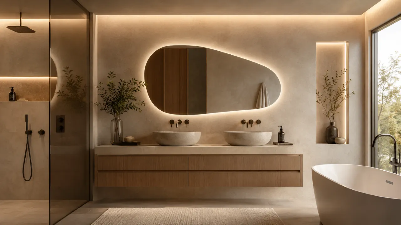 Baño contemporáneo con espejo orgánico e iluminación LED