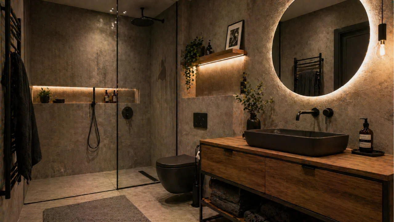 Baño industrial con grifería negro mate, madera y espejo iluminado