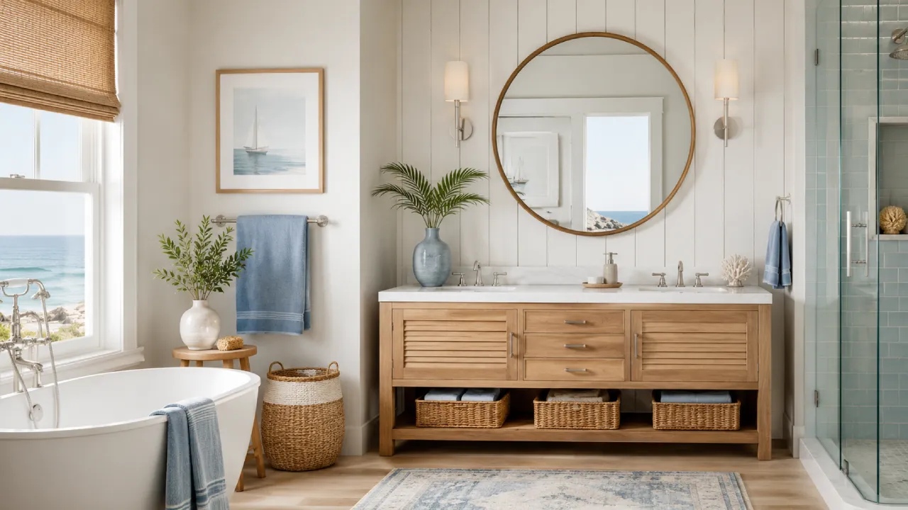 Baño marinero con detalles en azul y madera clara