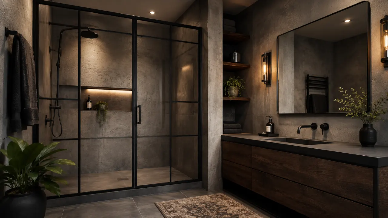 Baño mediterráneo con azulejo artesanal y madera natural