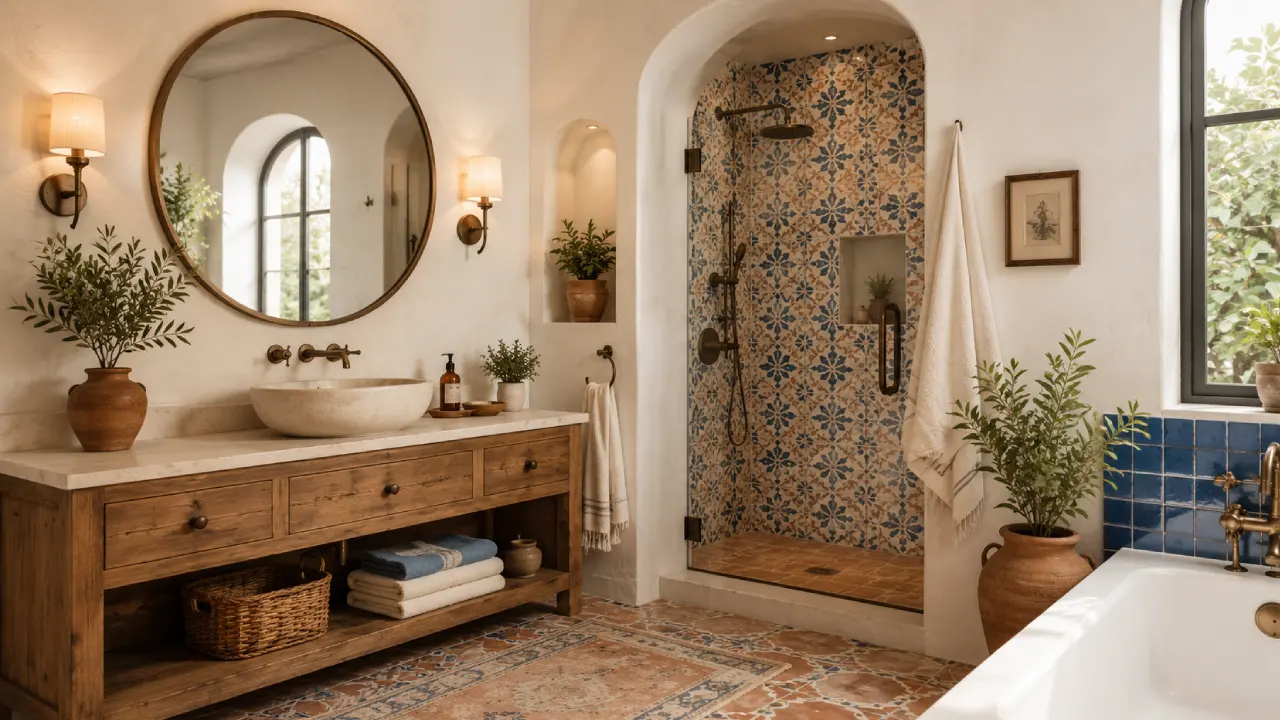 Baño mediterráneo con azulejo artesanal y madera natural