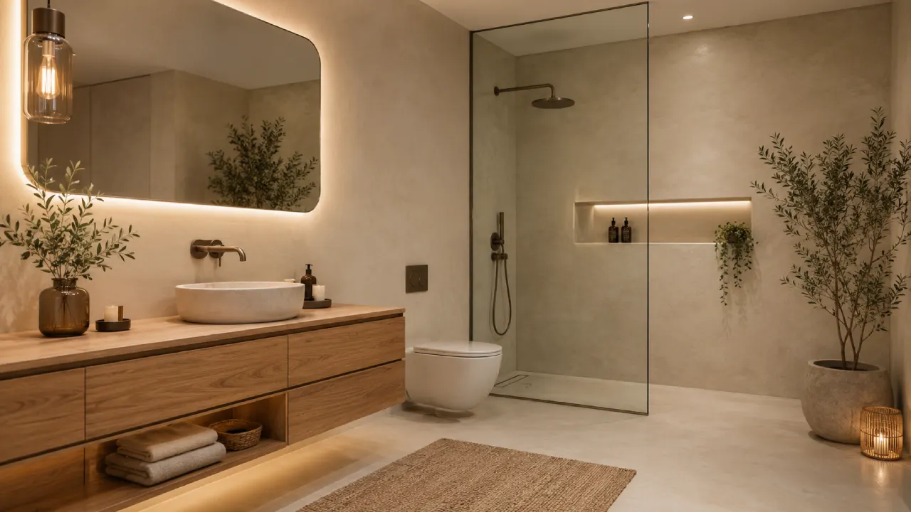 Baño moderno sin azulejos tradicionales con microcemento, madera y luz cálida