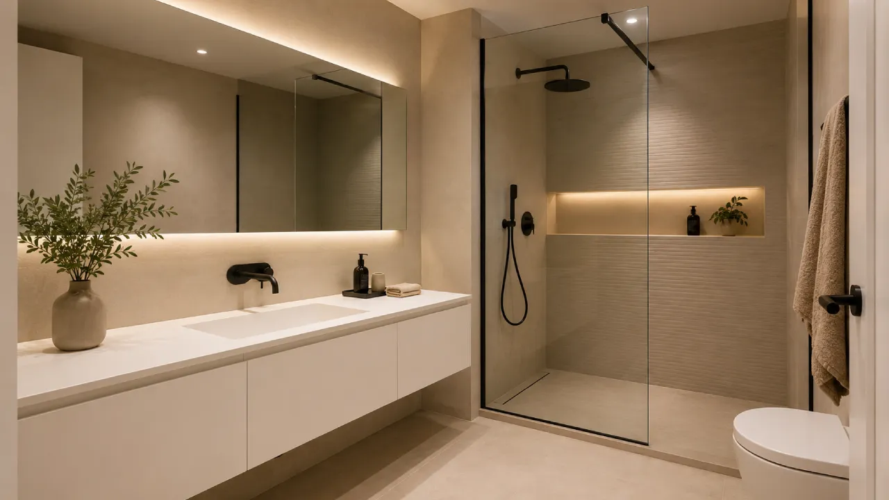 Baño moderno con mueble suspendido y líneas limpias