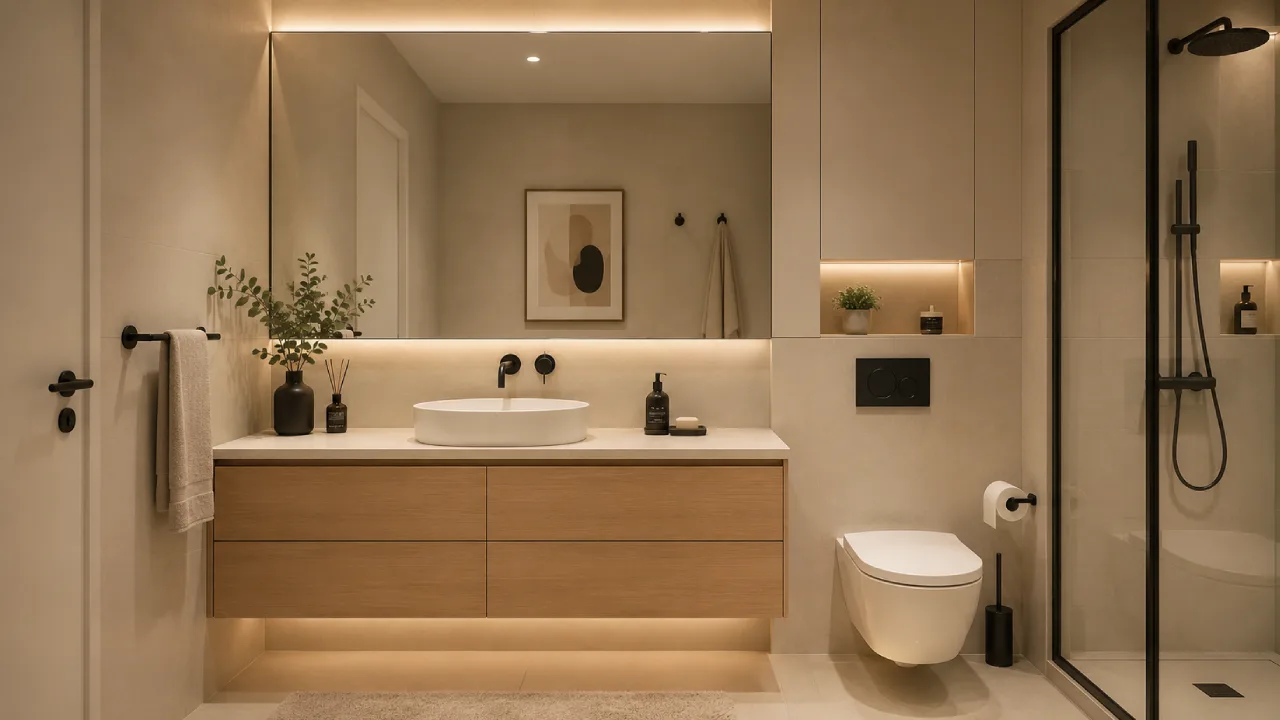 Baño pequeño con espejo grande, iluminación cálida y almacenamiento cerrado
