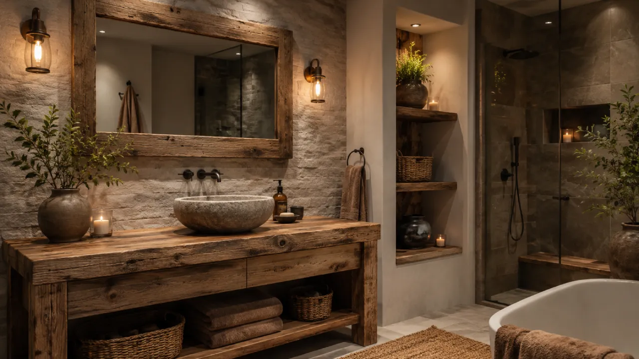 Baño rústico con madera natural y pared efecto piedra
