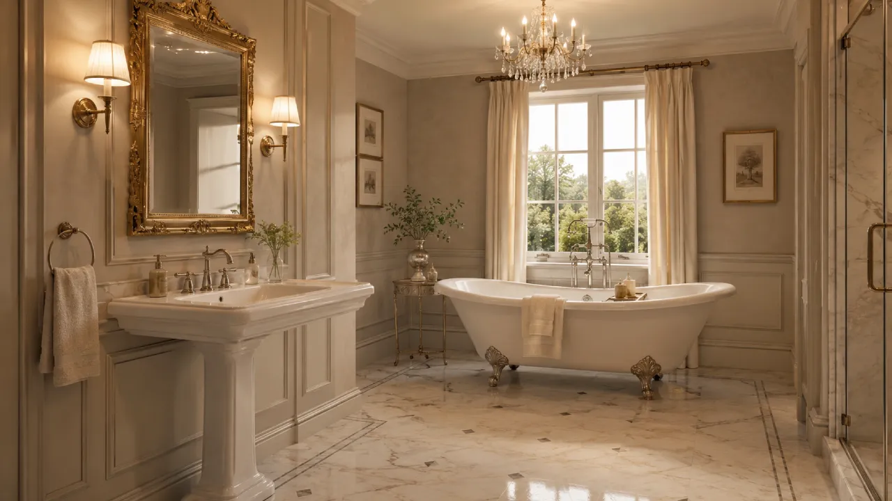 Baño tradicional con bañera exenta y lavabo de pedestal