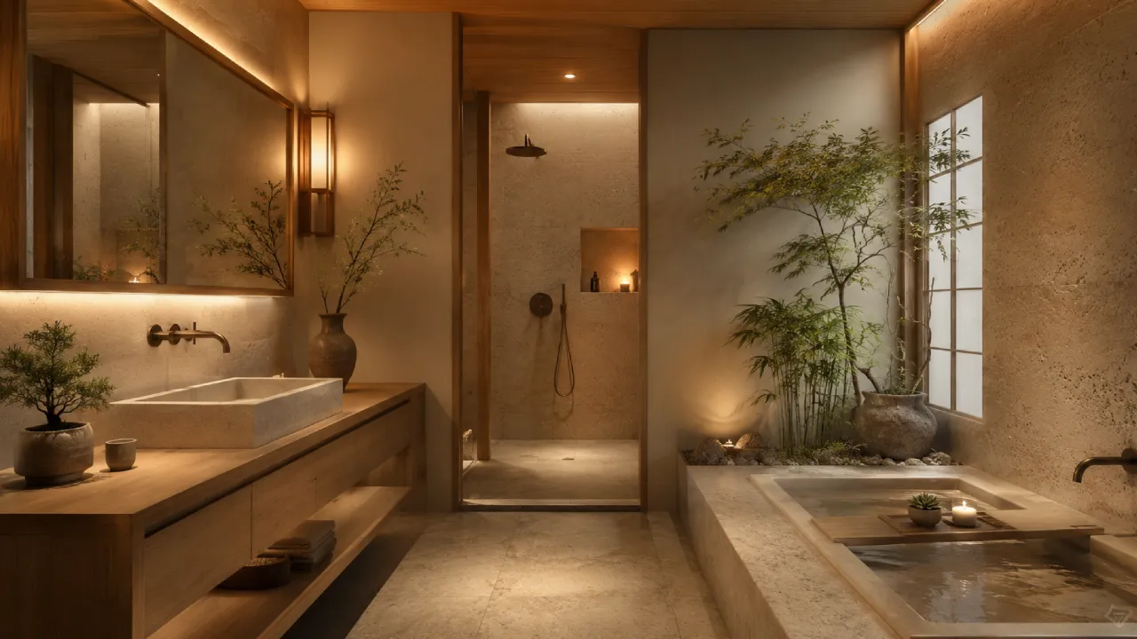 Baño asiático con madera natural y ambiente tipo spa