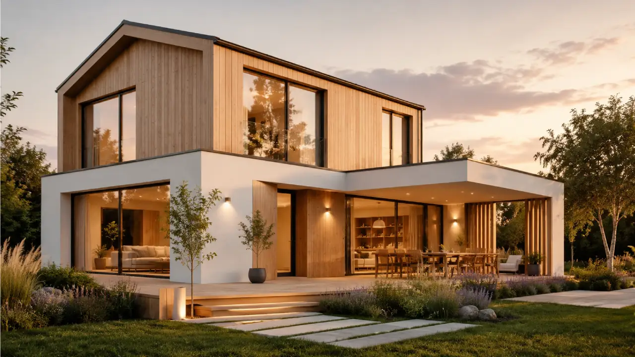 Casa moderna y escandinava con grandes ventanales, madera clara y jardín