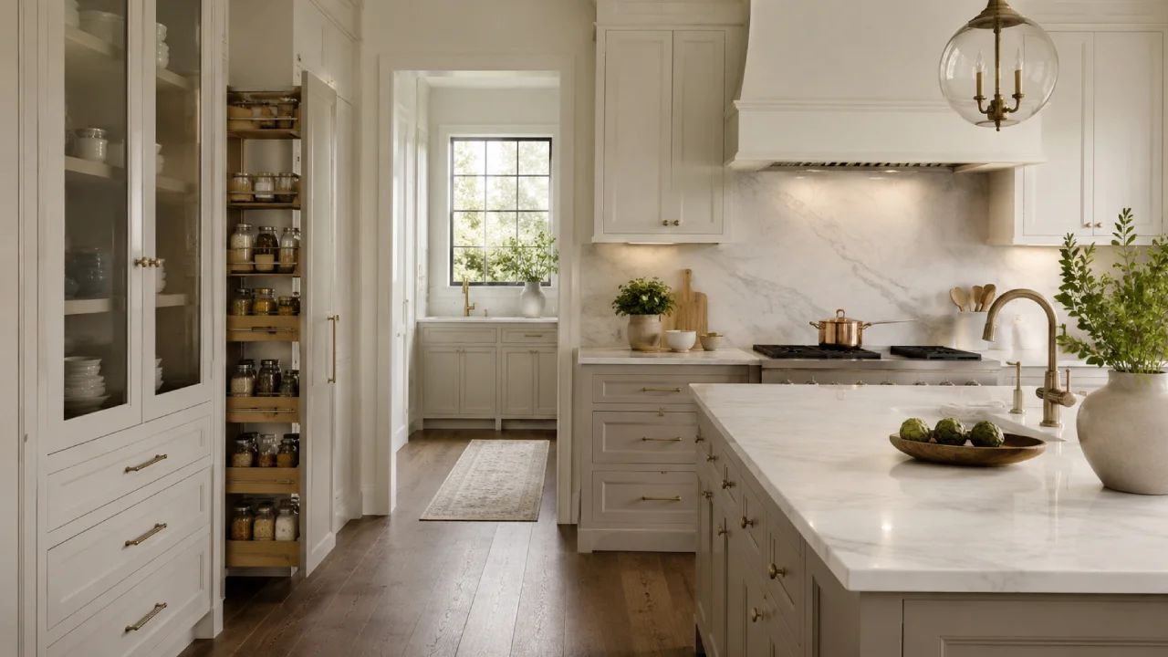 Cocina clásica contemporánea con molduras suaves y electrodomésticos integrados