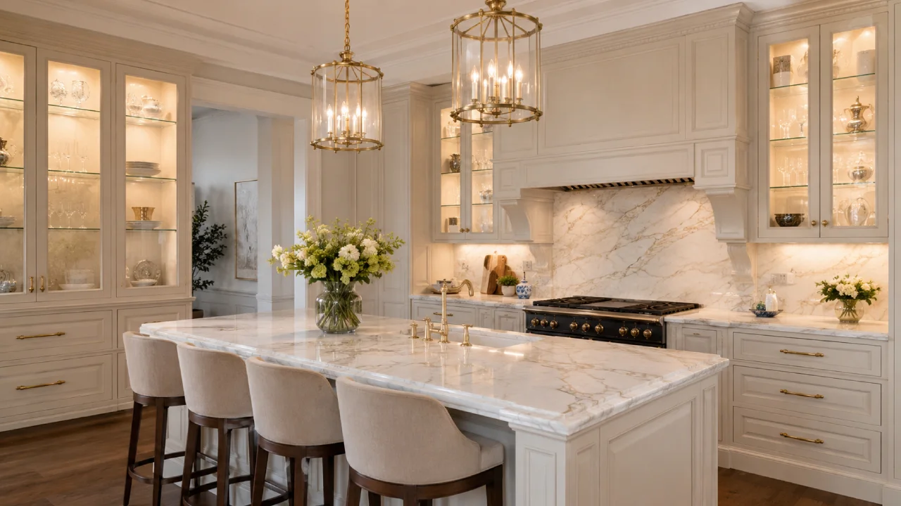 Cocina clásica elegante con encimera tipo mármol y vitrinas iluminadas