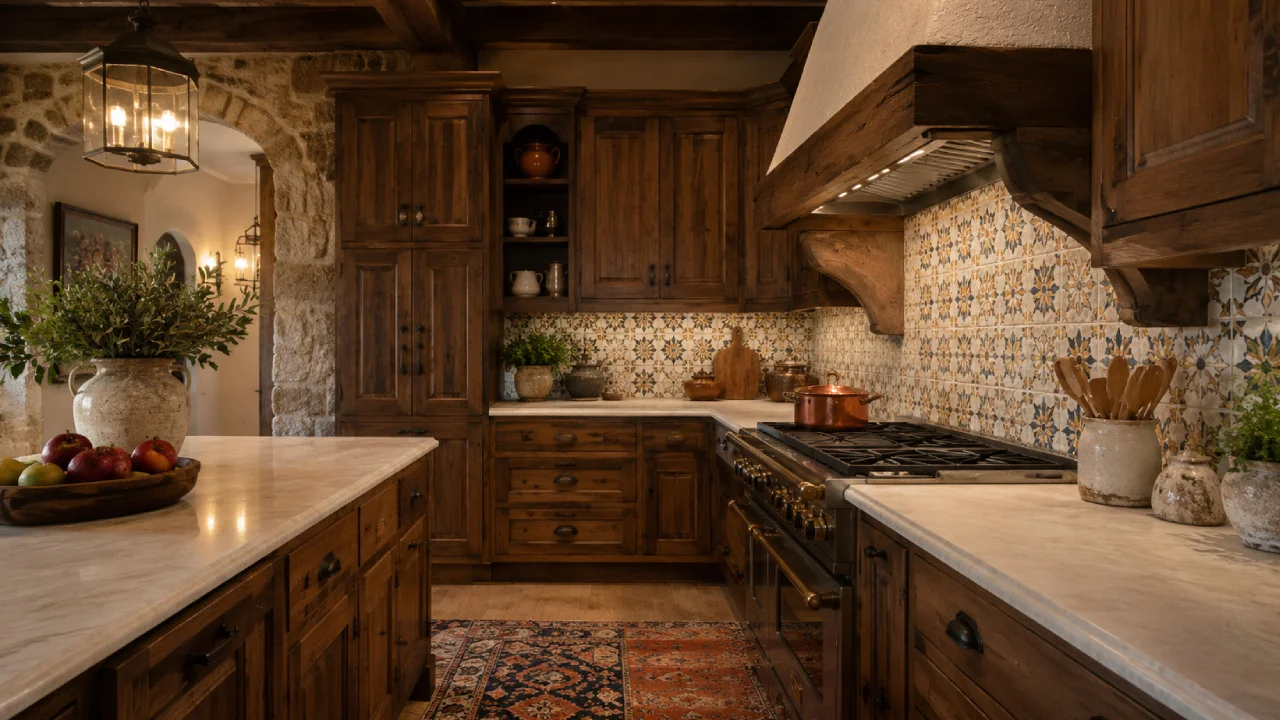 Cocina clásica rústica con madera, tiradores tradicionales y ambiente acogedor