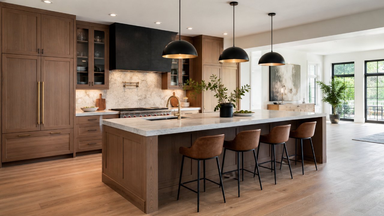 Cocina moderna con isla funcional, almacenamiento y taburetes