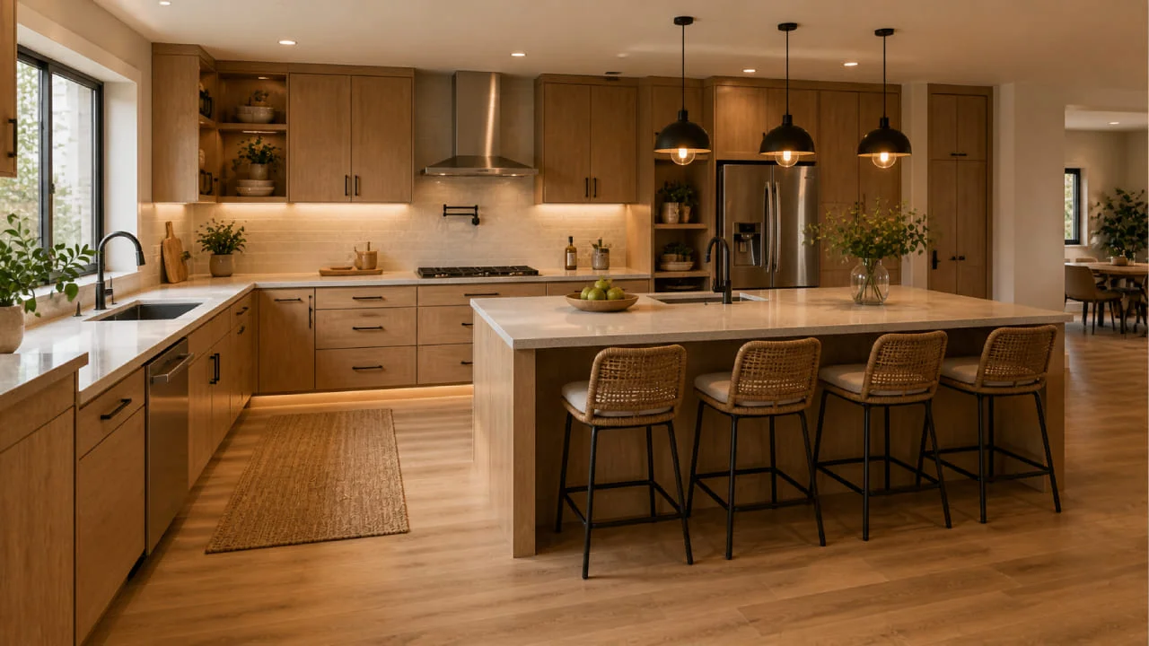 Cocina amplia con muebles en L e isla central multifuncional