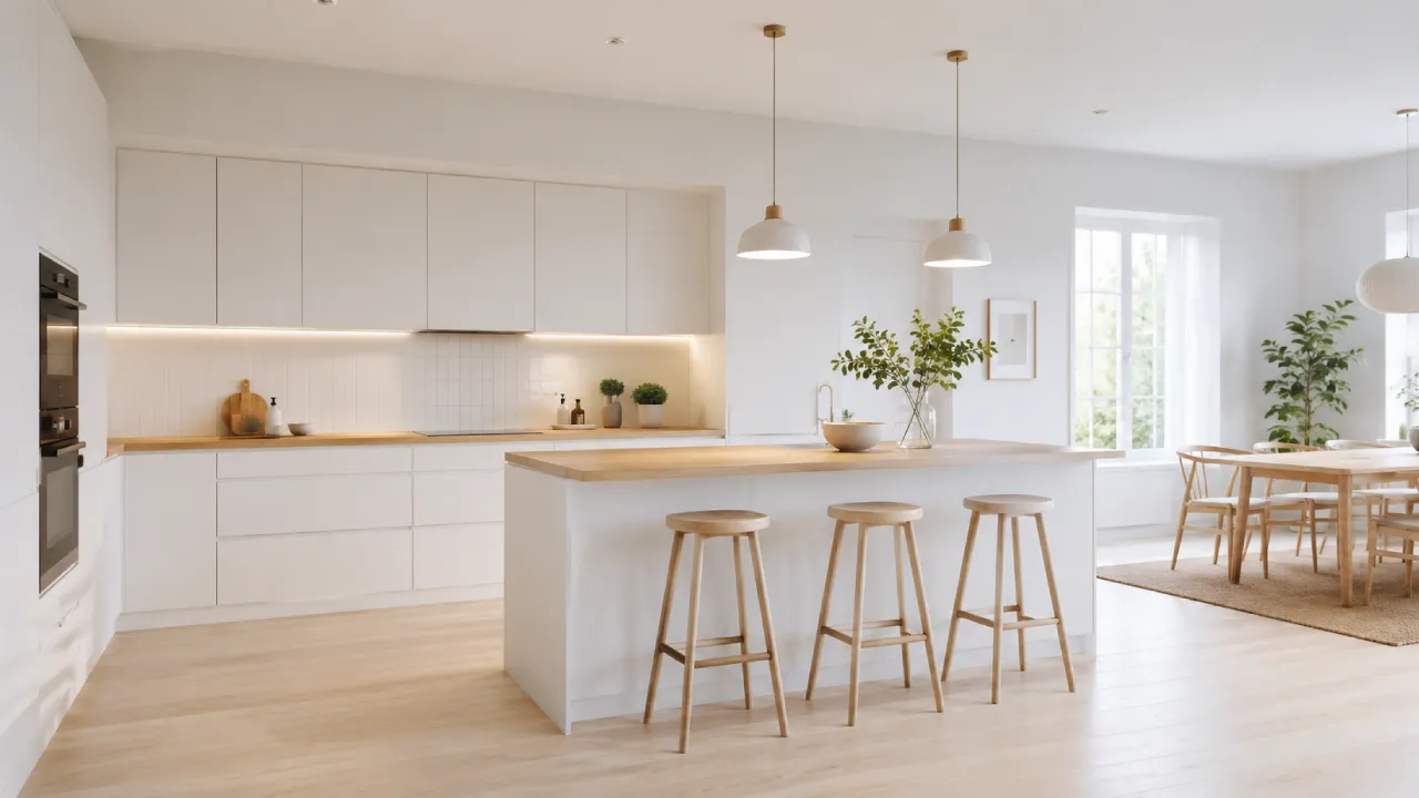 Cocina abierta en estilo escandinavo con muebles blancos y madera clara