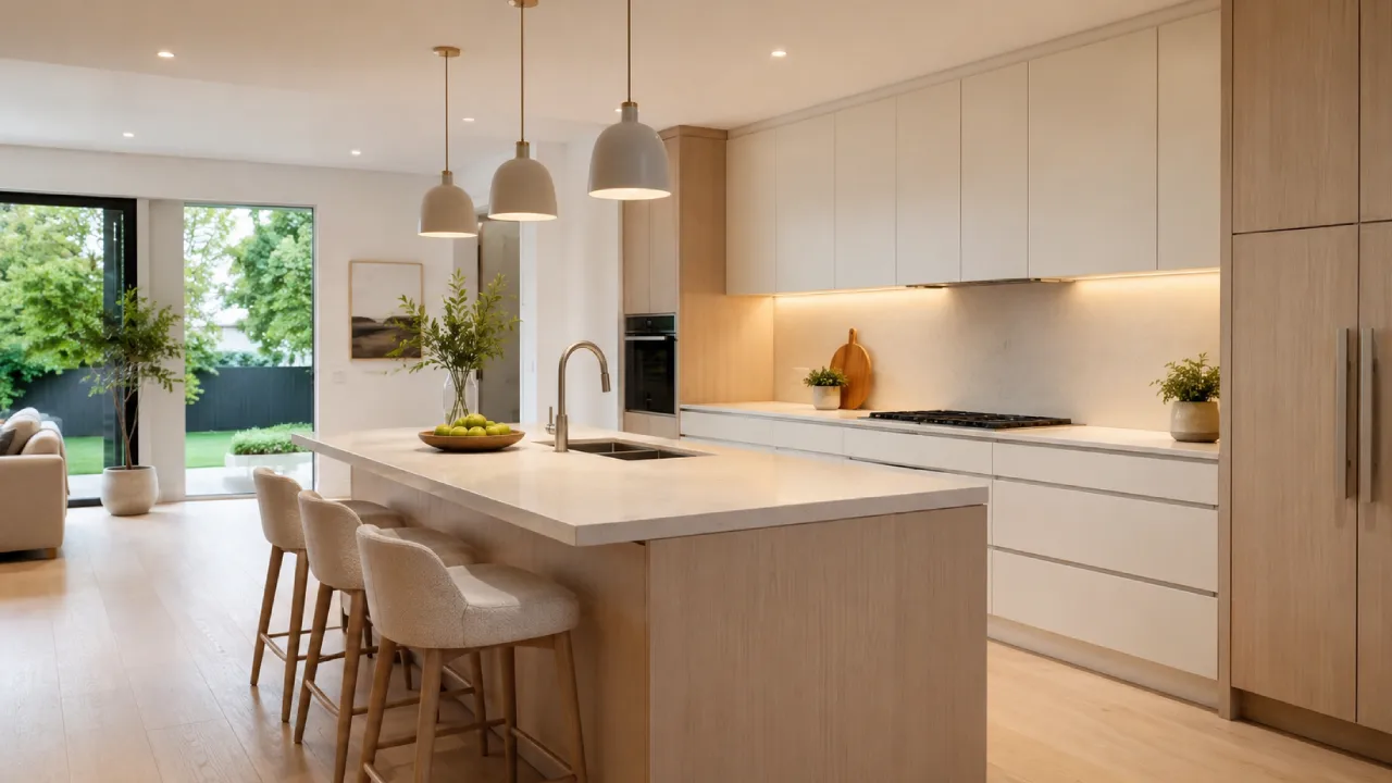 Cocina moderna abierta con muebles lisos, isla y luz cálida