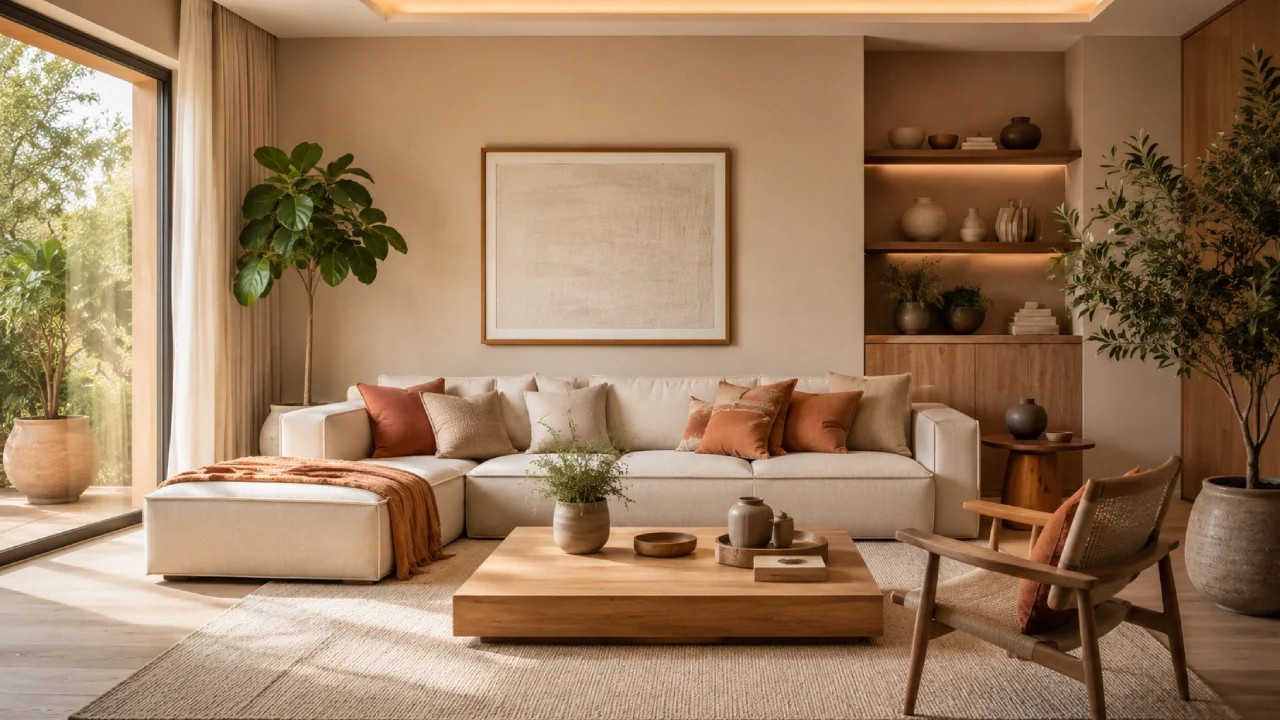 Sala moderna decorada con colores tierra, beige y terracota