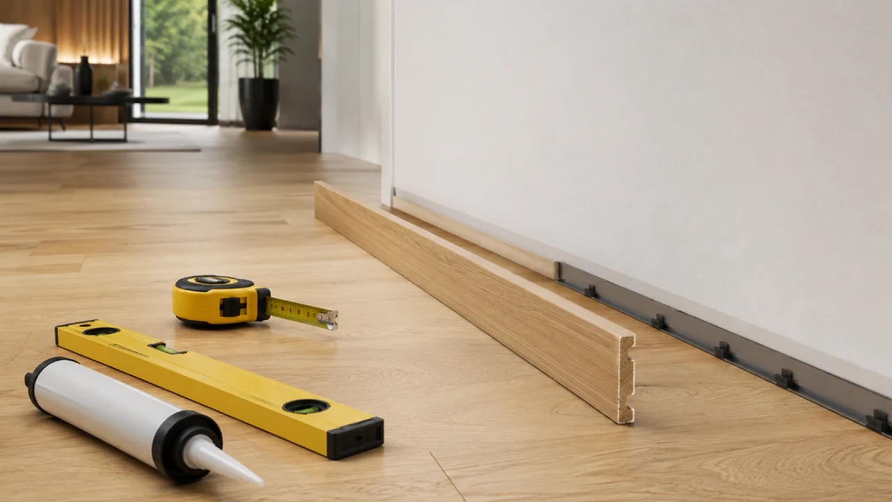 Instalación de zócalo de parquet con herramientas, adhesivo y perfil alineado