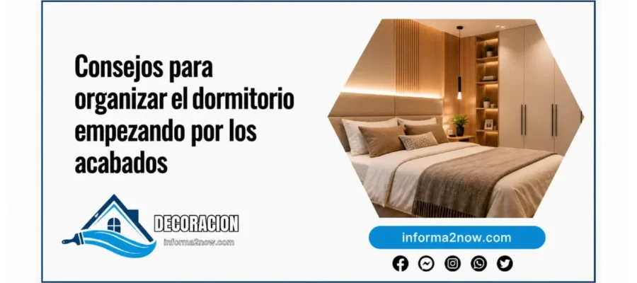 Diseño gráfico 16:9 sobre organización del dormitorio con imagen de habitación moderna, texto destacado y composición decorativa para portada web.