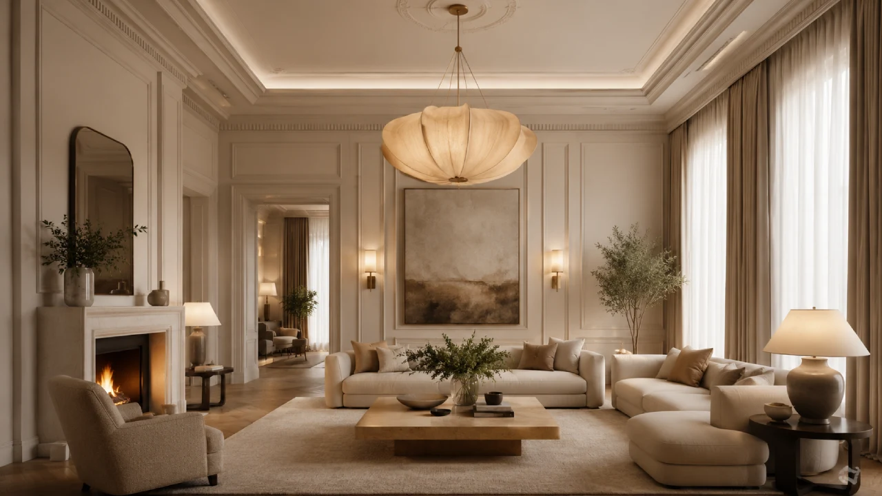 Decoración de techo en salón con paredes altas, molduras y lámpara protagonista