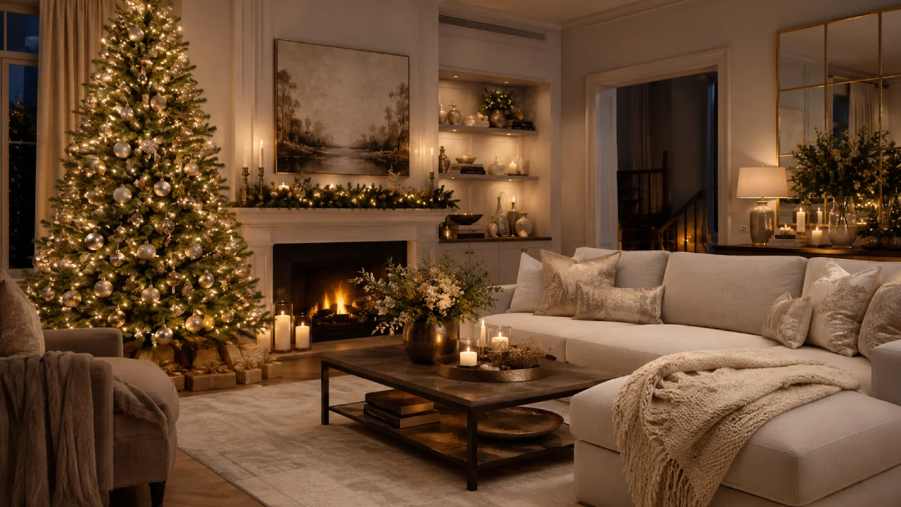 Decoración navideña para el hogar con árbol elegante y luces cálidas