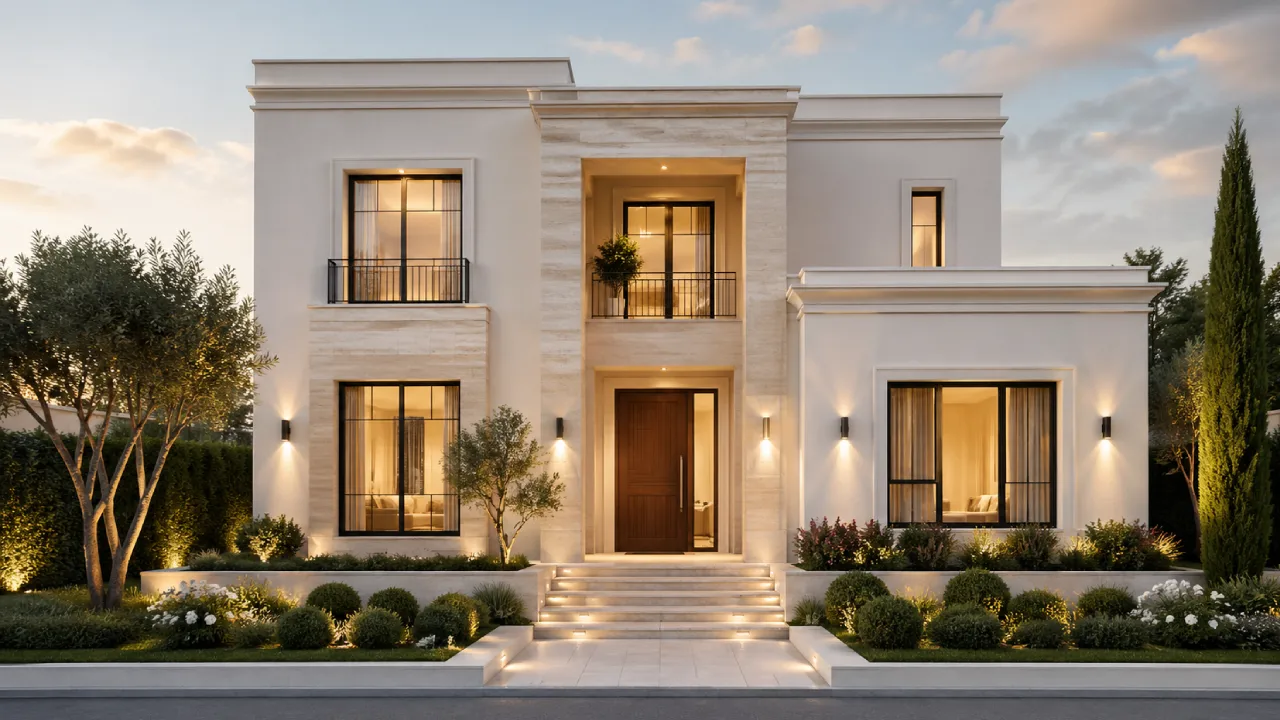 Decoraciones para fachadas de viviendas con marcos de ventanas y zócalo exterior