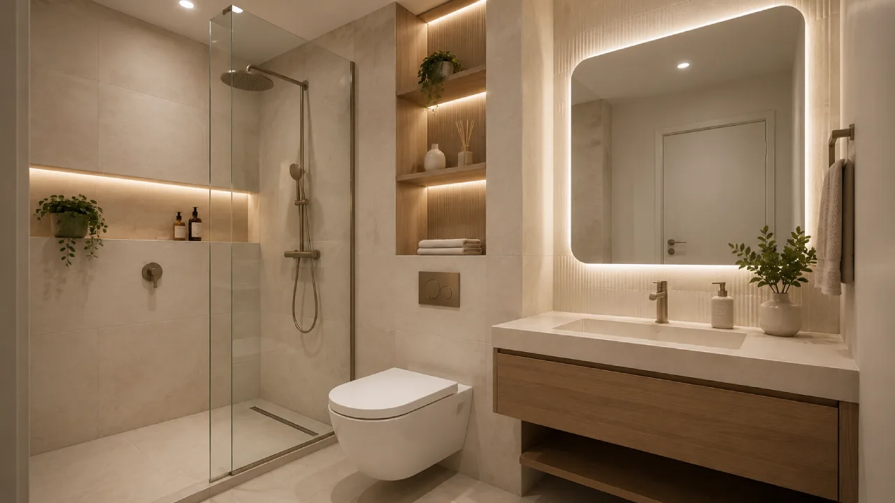 Diseño de baños pequeños con sanitarios suspendidos y ducha a ras de suelo