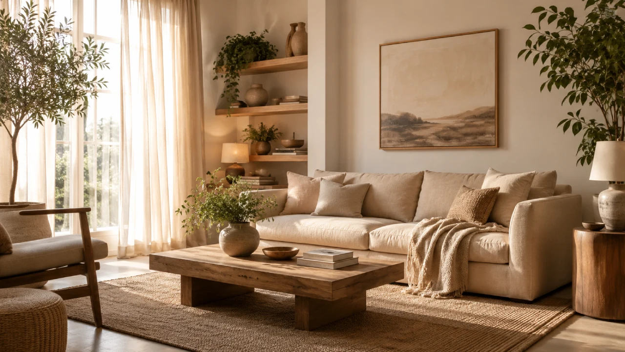 Diseño de interiores que influye en el estado de ánimo con salón acogedor y luz natural