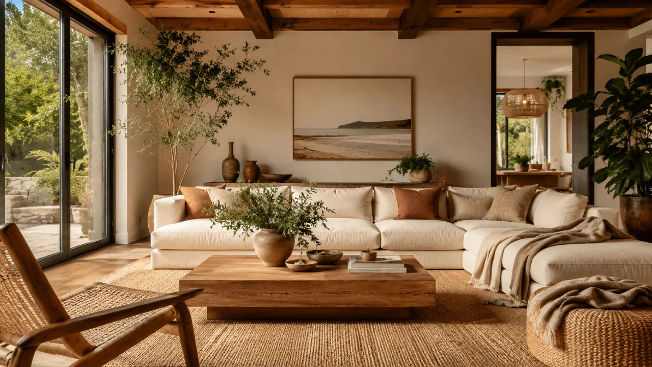 Diseño biofílico en salón moderno con plantas y materiales naturales