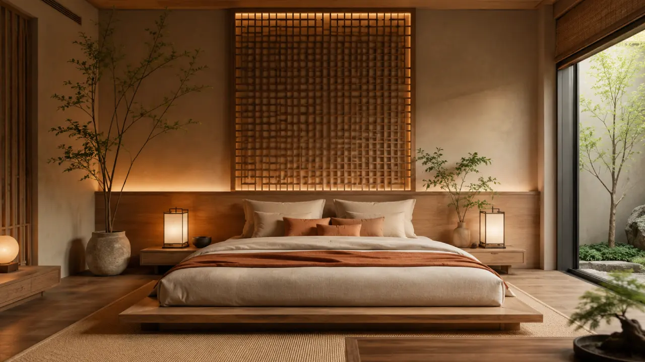 Dormitorio con inspiración oriental, cama baja, textiles cálidos y luz suave